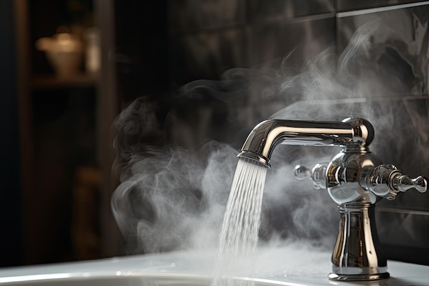 Un rubinetto dell'acqua sta rilasciando acqua bollente in una vasca da bagno provocando l'aumento del vapore