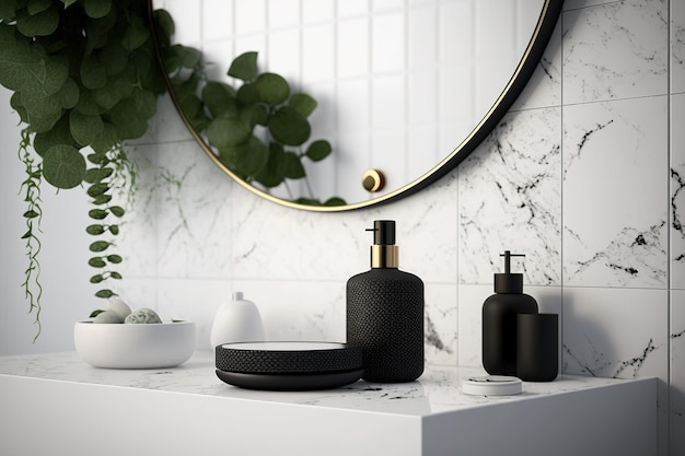 Un rubinetto nero e un diffusore di aromi si trovano vicino allo specchio rotondo Interno di un bagno moderno La parete è rivestita di piastrelle marmorizzate
