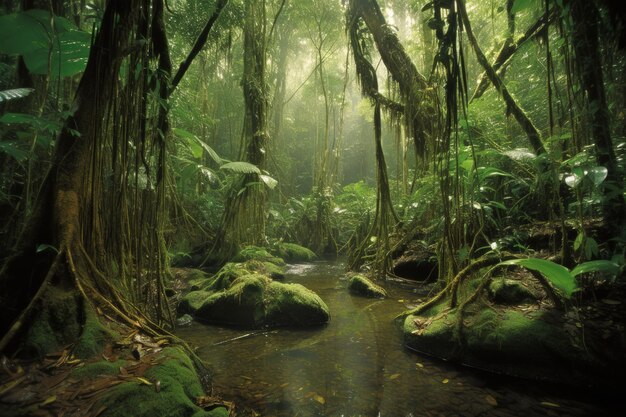 Un ruscello che attraversa una lussureggiante foresta verde generativa ai