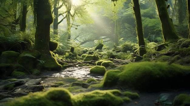 Un ruscello che scorre attraverso una lussureggiante foresta verde