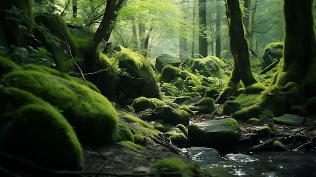 Un ruscello che scorre attraverso una lussureggiante foresta verde