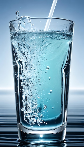 Un ruscello di acqua fredda trasparente è versato in un bicchiere di vetro sullo sfondo blu