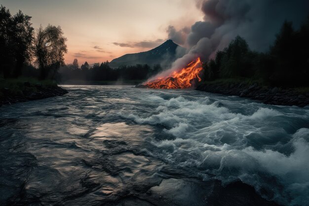 Un ruscello di lava di un vulcano sfocia in un fiume