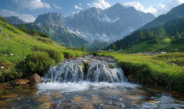 un ruscello di montagna con una montagna sullo sfondo