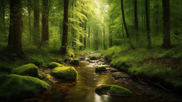 Un ruscello in una foresta con alberi verdi e il sole che splende sul terreno