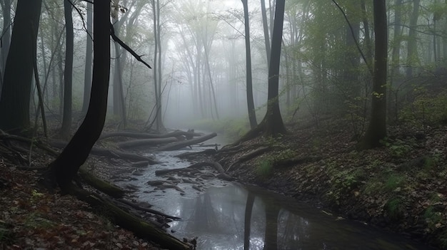 Un ruscello nei boschi con nebbia e alberi