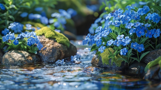 Un ruscello sereno che scorre attraverso una foresta lussureggiante con fiori blu vivaci e rocce muschiose
