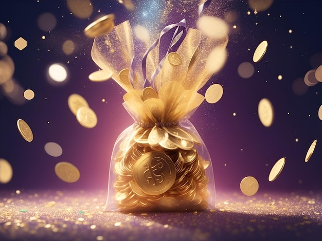Un sacchetto d'oro con molte monete sullo sfondo