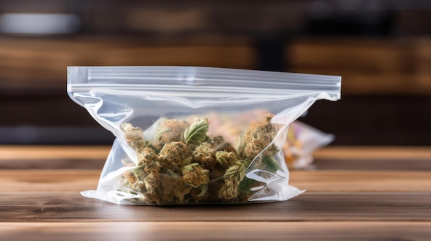 Un sacchetto di cannabis si trova su un tavolo di legno.
