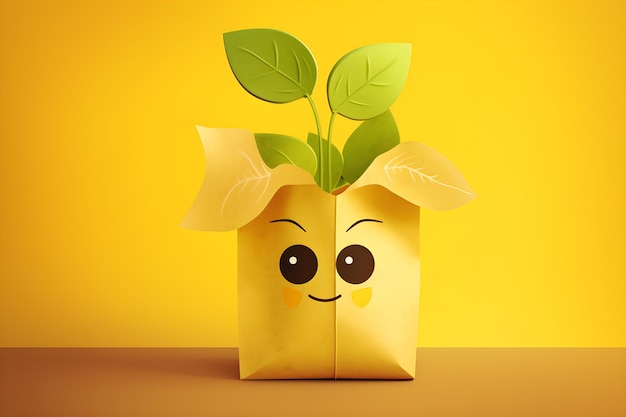 Un sacchetto di carta con una faccia che dice "pianta felice".