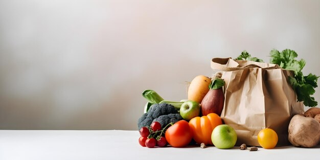 Un sacchetto di carta di verdure si trova su un tavolo con un sacchetto di carta pieno di verdure.