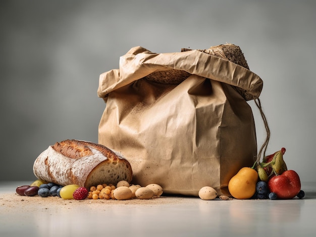 Un sacchetto di carta marrone con pane e frutta su un tavolo