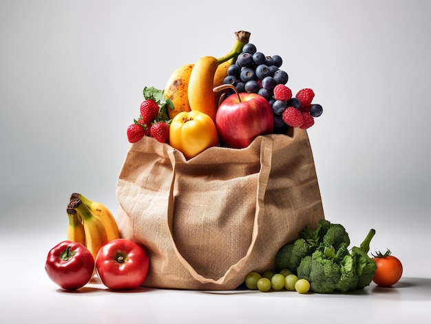 Un sacchetto di frutta è su un tavolo con uno sfondo bianco.