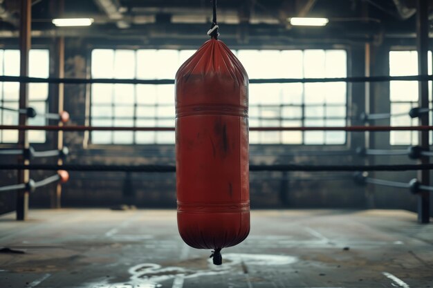 un sacchetto di sabbia rosso è appeso di fronte al ring di boxe in una palestra