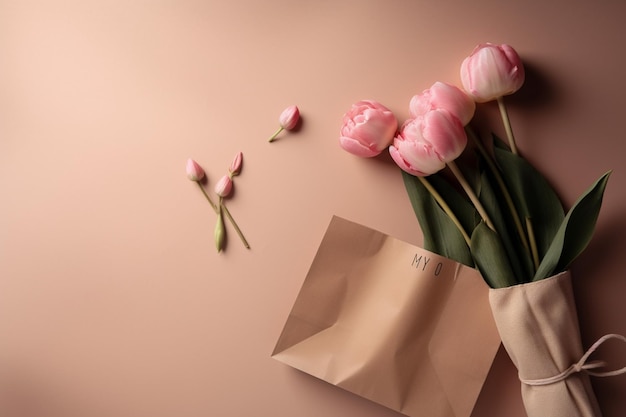 Un sacchetto rosa di tulipani con un sacchetto di carta rosa con sopra i tulipani da datteri.