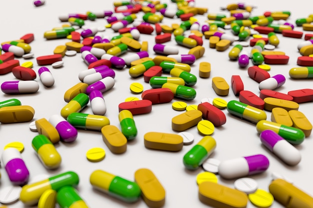 Un sacco di farmaci colorati e pillole dall&#39;alto. Illustrazione di rendering 3D