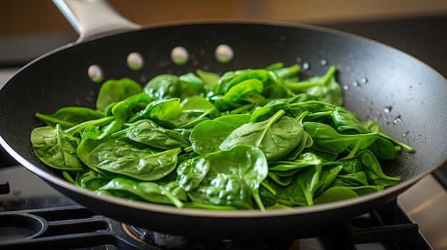 Un sacco di foglie di spinaci in una padella calda