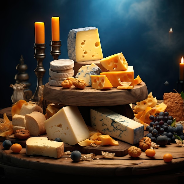 un sacco di formaggio su una tavola di legno nello stile di scuro skyblue e ambra softbox illuminazione
