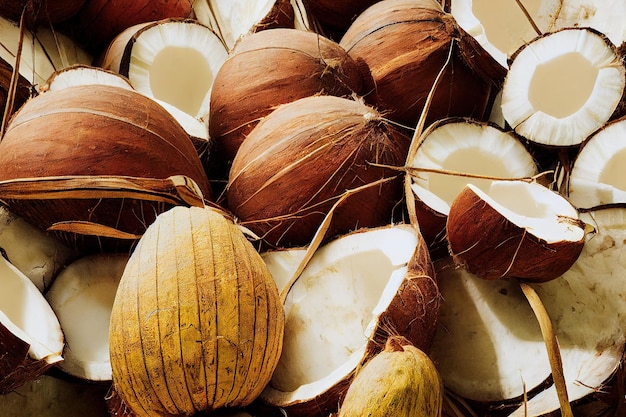 Un sacco di frutta di cocco spezzata per fare un latte di cocco esotico