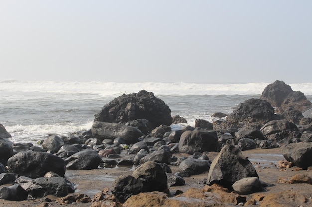 un sacco di grandi rocce sulla spiaggia