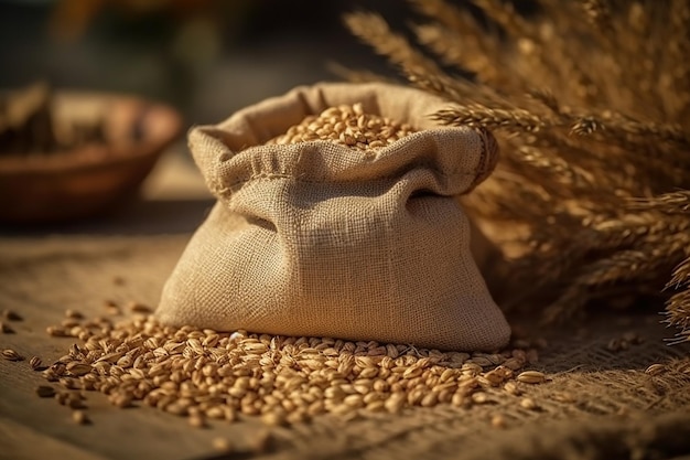 Un sacco di grano si trova su un tavolo con una donna dietro di esso.