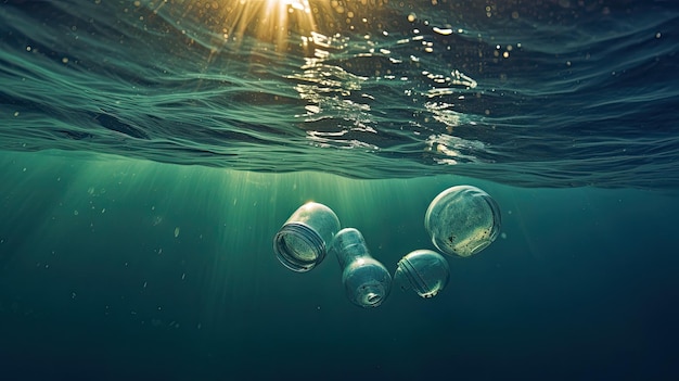 Un sacco di inquinamento da bottiglie d'acqua in plastica nel concetto di protezione ambientale dell'oceano AI generativa