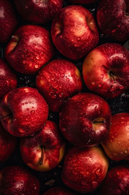 Un sacco di mele rosse mature visibili gocce d'acqua generata ai