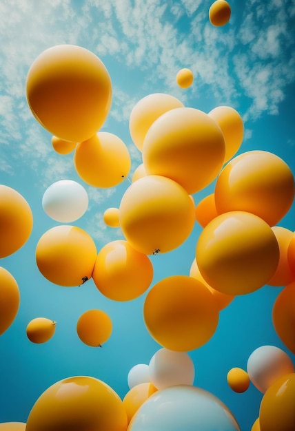 Un sacco di palloncini gialli contro un cielo blu chiaro AI Generato