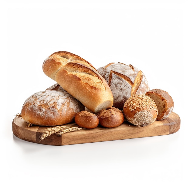 Un sacco di pane fresco in un cesto e una tavola con farina su un tavolo di legno