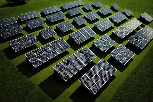 Un sacco di pannelli solari sull'erba verde IA generativa