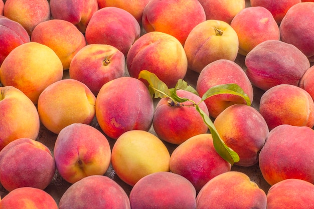 Un sacco di pesca fresca di close-up. Fondo della pesca della frutta.