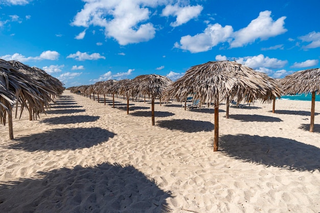 Un sacco di ripari per il sole con il tetto di paglia Ombrello di paglia sulla spiaggia vuota del mare a Varadero Cuba Vacanza di relax sullo sfondo idilliaco