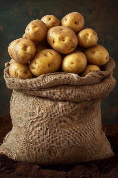 Un sacco di tela pieno di patate su un mucchio di terra