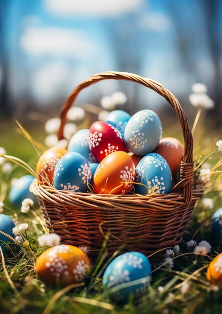 un sacco di uova di Pasqua colorate in un cestino sul prato