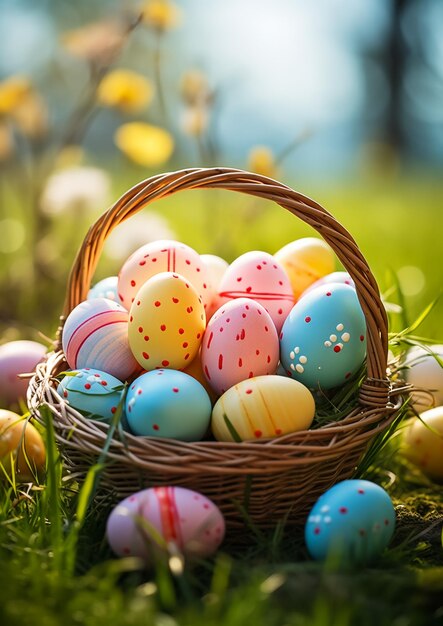 un sacco di uova di Pasqua colorate in un cestino sul prato