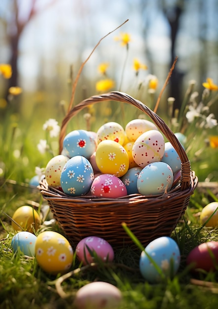 un sacco di uova di Pasqua colorate in un cesto sul prato