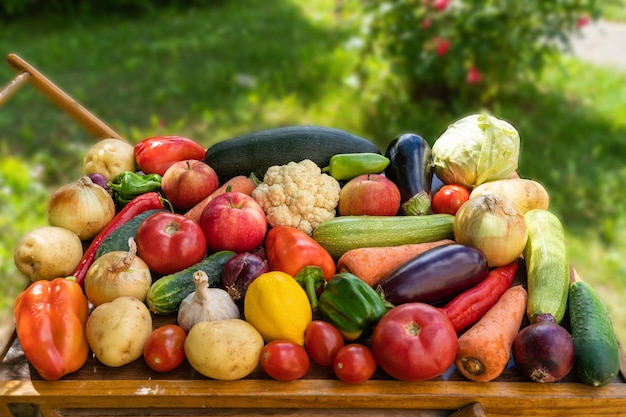 Un sacco di verdure fresche su un tavolo in un giardino estivo in una casa di campagna