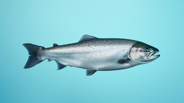 Un salmone fresco su uno sfondo blu