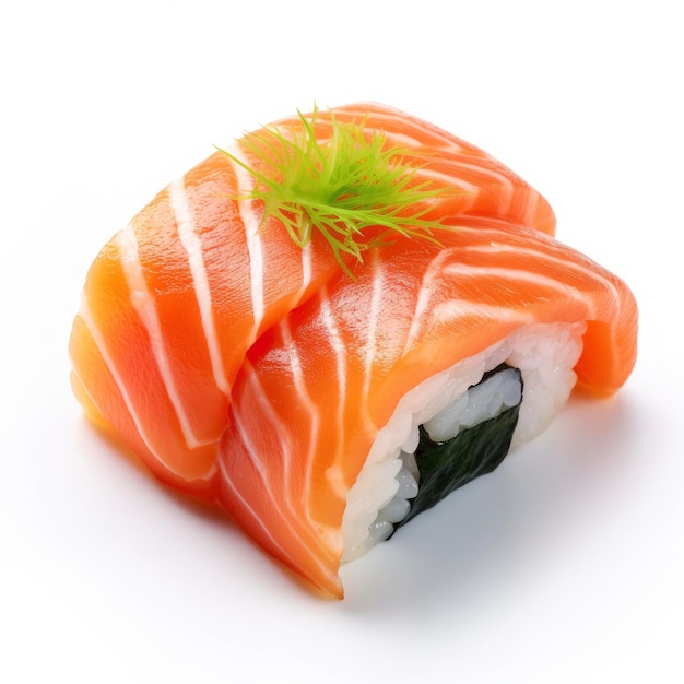 Un salmone sushi su sfondo bianco