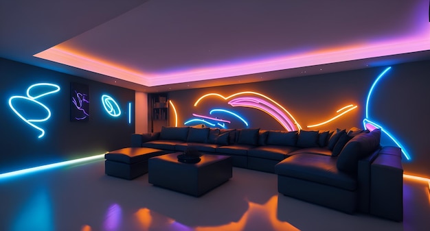 Un salotto moderno con un ampio divano e una vivace illuminazione al neon