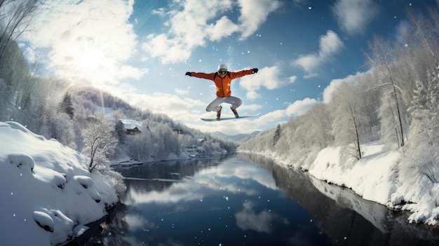 Un saltatore a sci si innalza incorniciato da un paesaggio coperto di neve