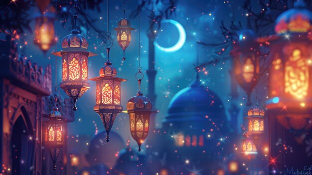 un saluto celebrazione islamica Ramadan e Eid Mubarak Disegno con Cresccard per il mese di mese