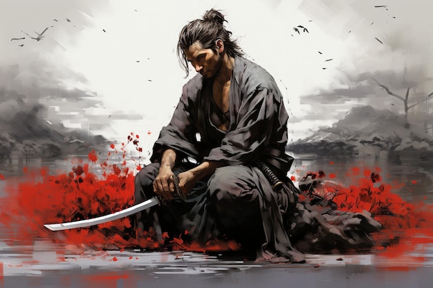 Un samurai accovacciato con la spada sguainata