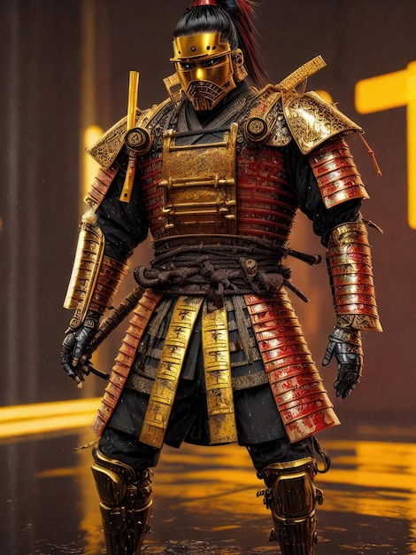 Un samurai d'oro sta sotto la pioggia con un casco d'oro