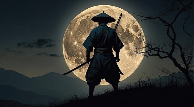 un samurai in una notte di luna generativa AI