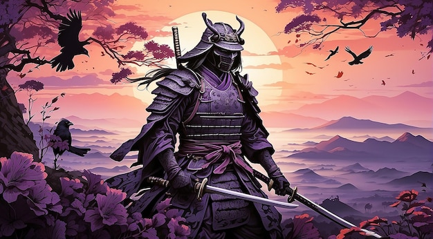 un samurai in una notte di luna generativa AI