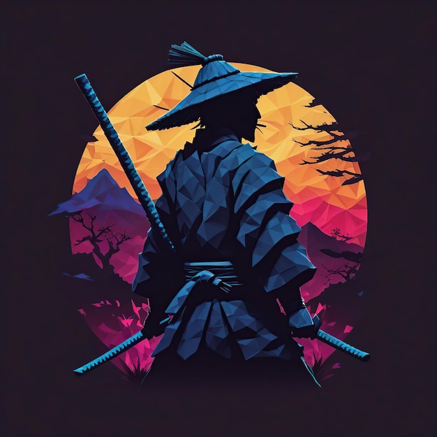 Un samurai nella foresta con la luna piena di notte