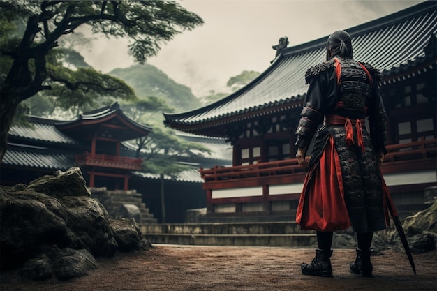 Un samurai si trova davanti a un tempio giapponese