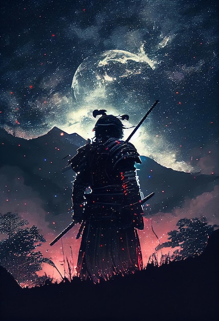 Un samurai si trova di fronte a una montagna con la luna sullo sfondo.