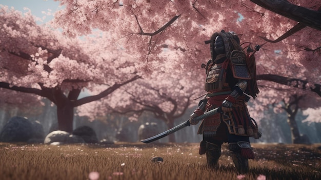 Un samurai si trova in un campo di ciliegi rosa.